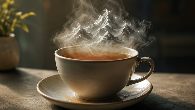 Steaming Hot Coffee Cup with Rising Vapor on Wooden Table in Warm Ambient Light