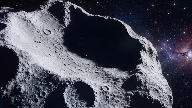 Cratered asteroid floating in deep space with distant stars and nebula