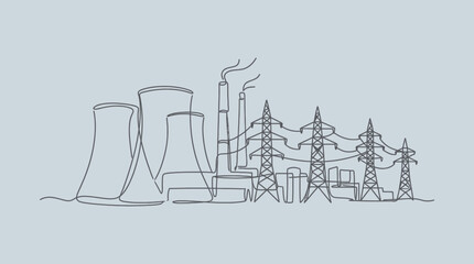 Obraz premium Continuous one line drawing of power plant and electrical towers.