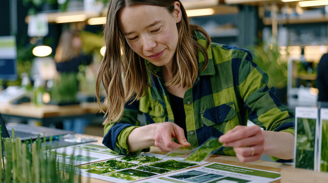 Algae bioplastic packaging prototype designer compares material flexibility and transparency samples at a product development lab table where lifecycle analysis reports and marine biodegradation tes