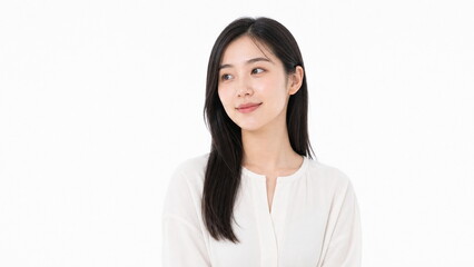 Fototapeta premium 白背景の爽やかな笑顔の若い成人日本人女性ポートレート