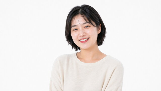 白背景のはにかんだ笑顔の若い成人日本人女性ポートレート
