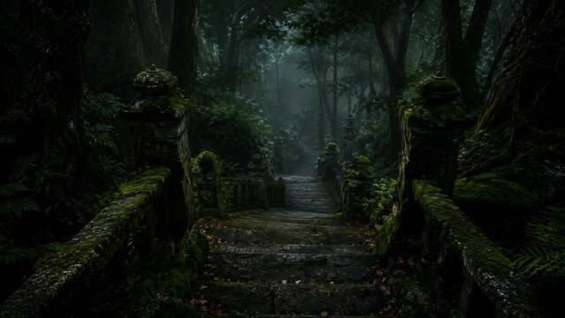 Misty Forest Pathway with Sunlight Rays Through Dense Trees in Dark Atmosphere