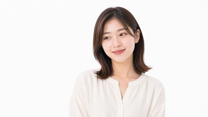 Fototapeta premium 白背景の歯を見せた笑顔の若い成人日本人女性ポートレート