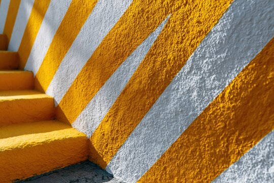Concrete stairs and diagonal yellow white striped wall closeup for safety signage or architectural detail background