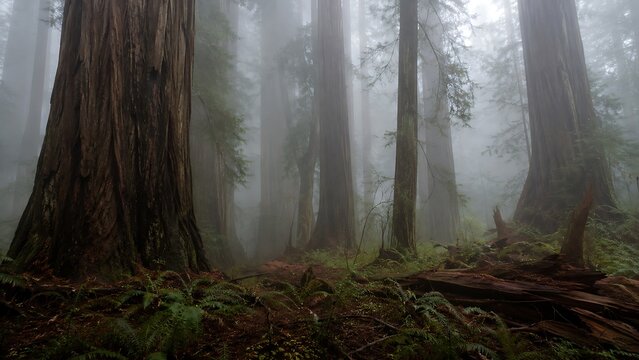 Misty Forest with Tall Trees and Fog in Serene Natural Setting