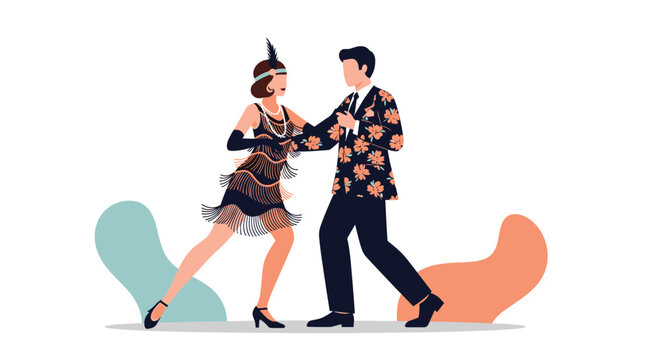 Elegant vintage couple wearing retro 1920s fashion outfits dancing classic jazz swing or romantic tango dance.