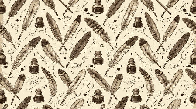 Ink and feather quill writing tools.