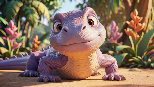 Cute animated lizard character smiling in lush tropical jungle environment