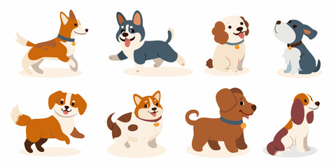 Obraz premium cartoon dogs collection in colorful vector style on white background dog breeds illustration canine puppy animal pet funny happy cute design