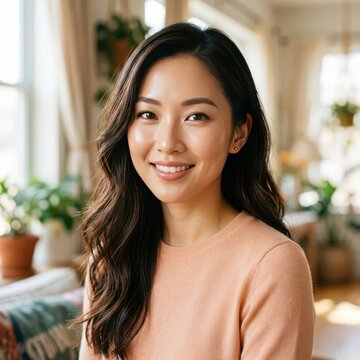 Beautiful young asian woman smiling at camera with long dark hair in a bright and cozy sunlit home interior with green plants in the background