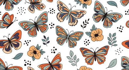 Fototapeta premium Beautiful seamless pattern of hand-drawn butterflies, flowers, and foliage in warm retro autumn colors on a white background.