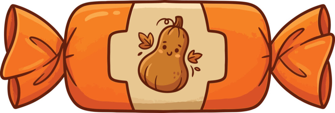 Cute candy wrapper illustration with a cartoon pumpkin character