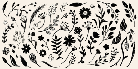 botanical collection hand drawn black ink on beige background flowers leaves plants stems flora nature sketch illustration artwork organic natural design © Mritun