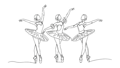 Continuous Simple black line art drawing set of ballerina dancing in a minimalist style on a white background. © shoshi