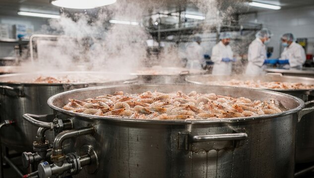 Medium shot of large steam kettles simmering plump shrimp in a bustling seafood processing kitchen with steam rising and intense batch cooking action.