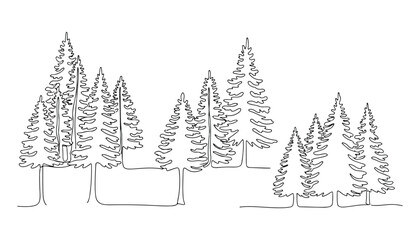 Obraz premium Continuous Simple black line art drawing set of pine trees in a minimalist style on a white background.