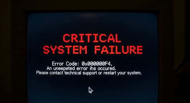 CRITICAL SYSTEM FAILURE message with error code on a retro computer monitor screen, technology problem and malfunction.