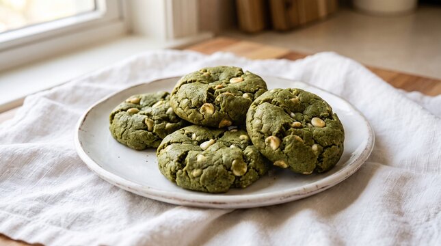 Matcha White Chocolate Chip Cookies on White Plate