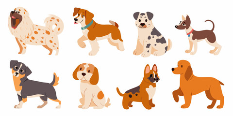 Fototapeta premium cute cartoon dog breeds collection in flat vector style dogs illustration canine puppy animal pet beagle dalmatian collie shepherd terrier chihuahua