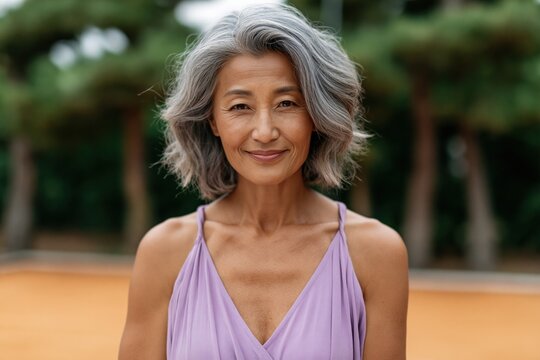 Confident mature woman with gray hair smiling outdoors for wellness portrait and lifestyle banner