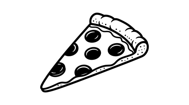 A simple, bold black and white line art illustration of a single slice of pepperoni pizza, perfect for food-related designs and menus