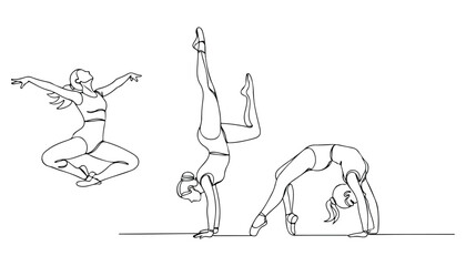 Continuous Simple black line art drawing set of ballerina dancing in a minimalist style on a white background. © shoshi