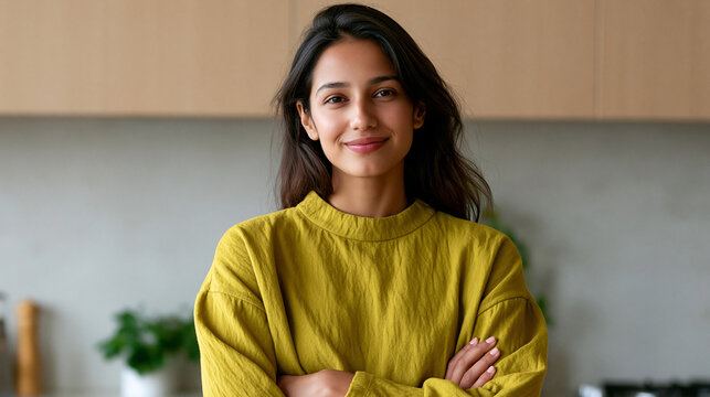 Smiling young Indian woman looking at camera alone in a kitchen, confident homemaker in India house apartment portrait concept, with copy space