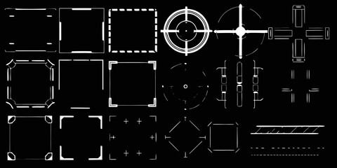 futuristic frames and shapes line art on black background geometric design pattern elements tech science fiction interface graphic vector illustration icon © Mritun