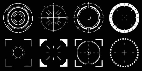 futuristic circular frames and targeting reticles vector illustration white black background geometric shapes technology science fiction elements tech interface design graphic © Mritun