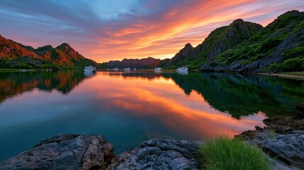 Fototapeta premium Vibrant lake sunset with dramatic clouds and mountain reflections for panoramic background and banner design