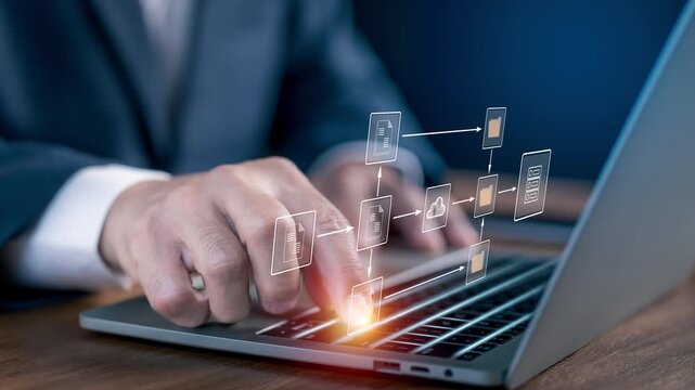 Close-up of a businessman using a laptop to manage a digital document management system, transferring data to cloud storage, archiving folders, and optimizing corporate workflow on a dark background.