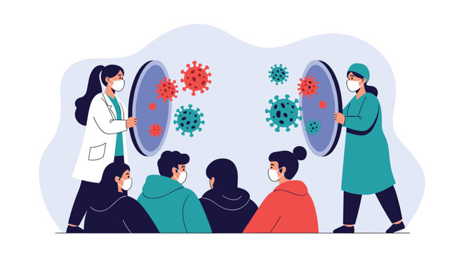 Medical team holding protective shields to safeguard a group of people from flying virus particles in a concept of healthcare.