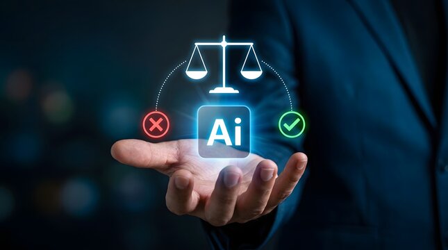 Artificial intelligence ethics and legal compliance concept with scales of justice
