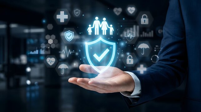 Insurance protection concept with family health and financial security icons