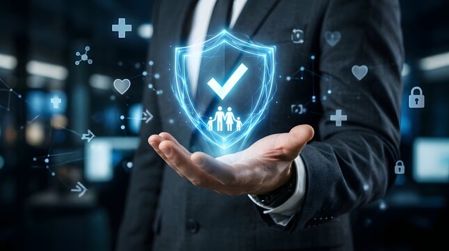 Digital security concept man holding glowing shield with family silhouette