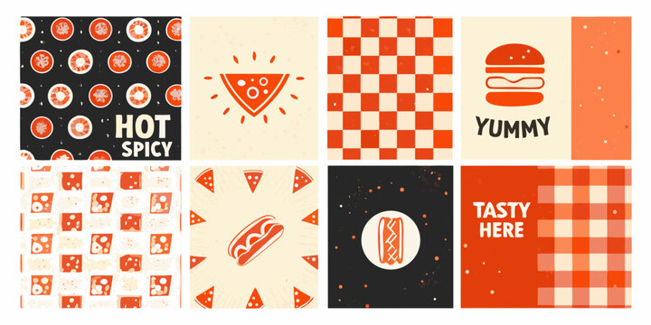 retro fast food pattern grid featuring pizza and burger vector illustration checkered spicy yummy tasty hotdog slice circle square orange black