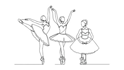 Continuous Simple black line art drawing set of ballerina dancing in a minimalist style on a white background. © shoshi