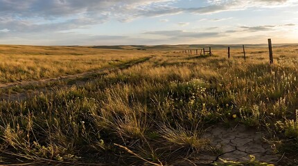 Obraz premium Sunlit grassy field landscape under open sky
