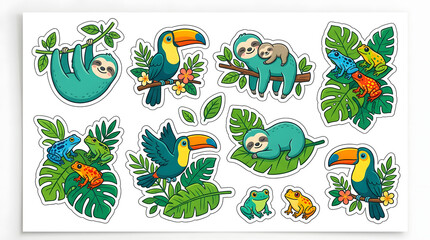 Fototapeta premium Jungle Friends Collection: A vibrant set of illustrations featuring adorable sloths, colorful toucans, and lively frogs amidst lush tropical foliage, capturing the essence of rainforest biodiversity.