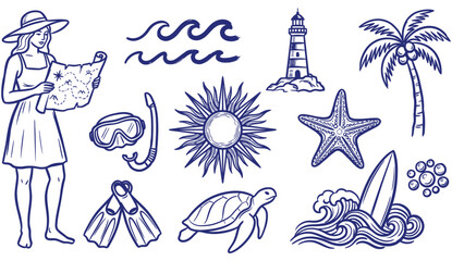 Blue line art summer beach vacation elements set including woman with map, lighthouse, turtle, palm tree, and surfboard © Pronob Kumar Ray