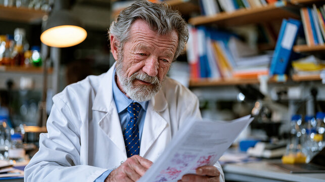 Biogerontologist at university lab bench reviewing printed senolytic compound trial outcomes peer review documentation aging cell clearance rejuvenation research zombie cells elimination elderly mou