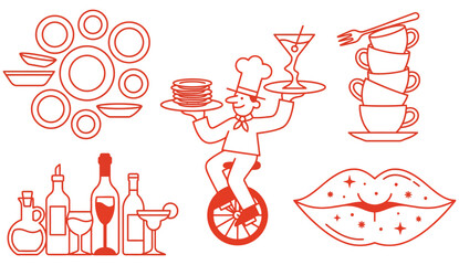 Culinary vector illustrations featuring a chef on a unicycle serving dishes, along with drinks, plates, and lips © Pronob Kumar Ray