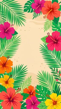 Vibrant tropical floral pattern featuring colorful hibiscus and palm leaves for summer design