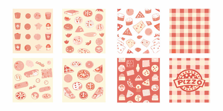 pizza themed retro patterns on white background theme food restaurant logo badges vintage illustration design graphic art checkered red slice pepperoni