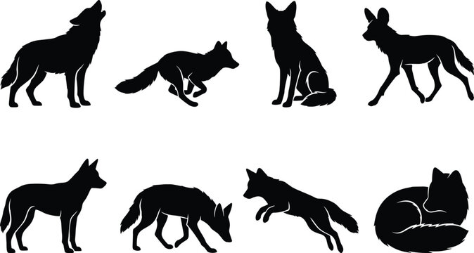 Wild canines silhouette vector icon set featuring howling wolf running fox hunting coyote jackal and dingo in image_fd681f.png