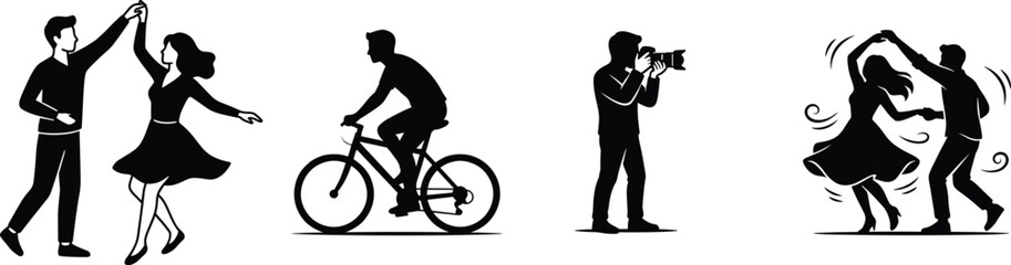 Obraz premium Lifestyle people silhouettes vector set featuring dancing couples bicycle rider and photographer taking photo