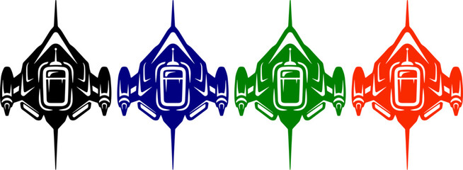 Spaceship set in black blue green and orange isolated on transparent background © photo forest