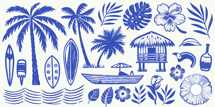 tropical plants and beach items detailed illustration on white background palm tree surfboard boat hut flower umbrella sketch style color blue