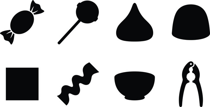 Candy and confectionery silhouette vector icon set featuring lollipop wrapped sweet chocolate drop and nutcracker in image_fcf7d5.png